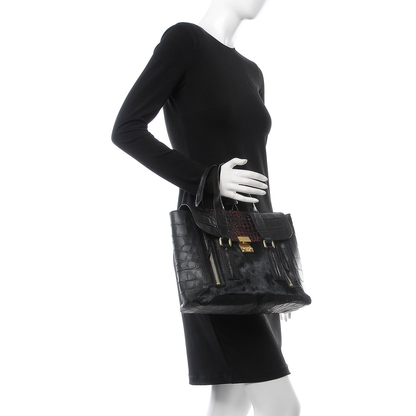 3.1 Calf Hair Calfskin Crocodile Embossed Medium Pashli Satchel Antique Red Black