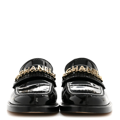 Chanel Shiny Calfskin Logo Loafers 38 Black 3 of 11