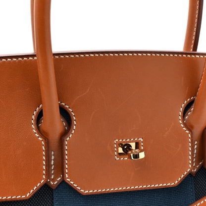 Hermes Toile Natural Barenia Flag Birkin 35 Fauve Bleu Indigo Bleu Thalassa 15 of 19