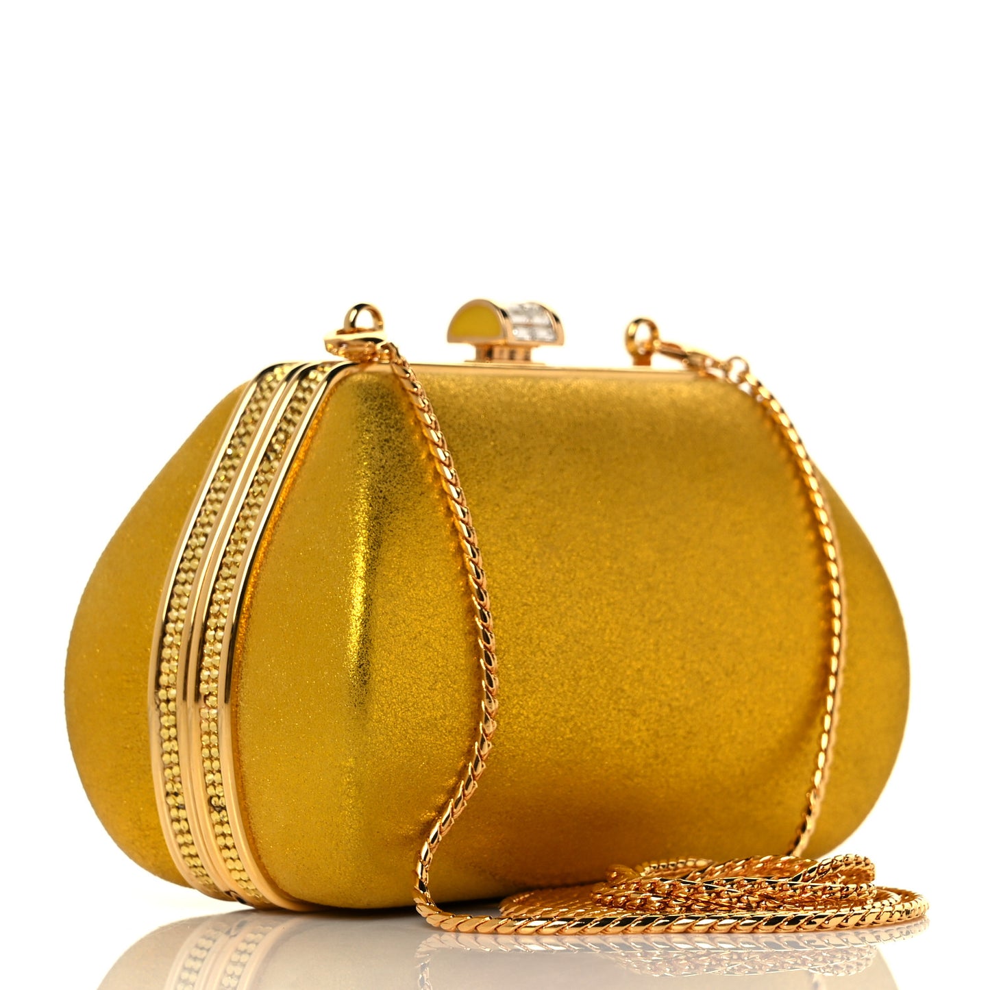 Metallic Calfskin Swarovski Crystal Minaudiere Clutch Gold