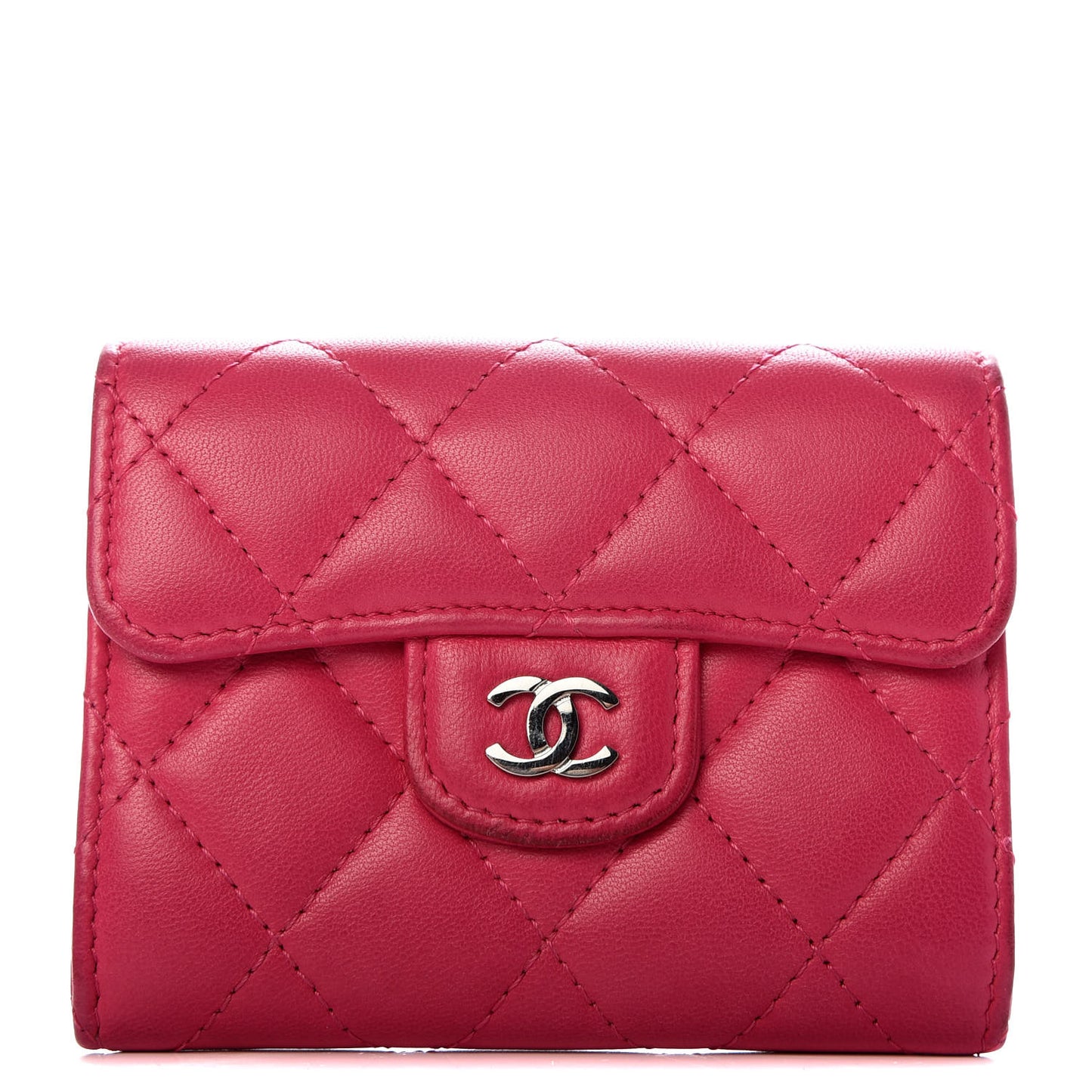 Lambskin Quilted Flap Card Holder Wallet Dark Pink