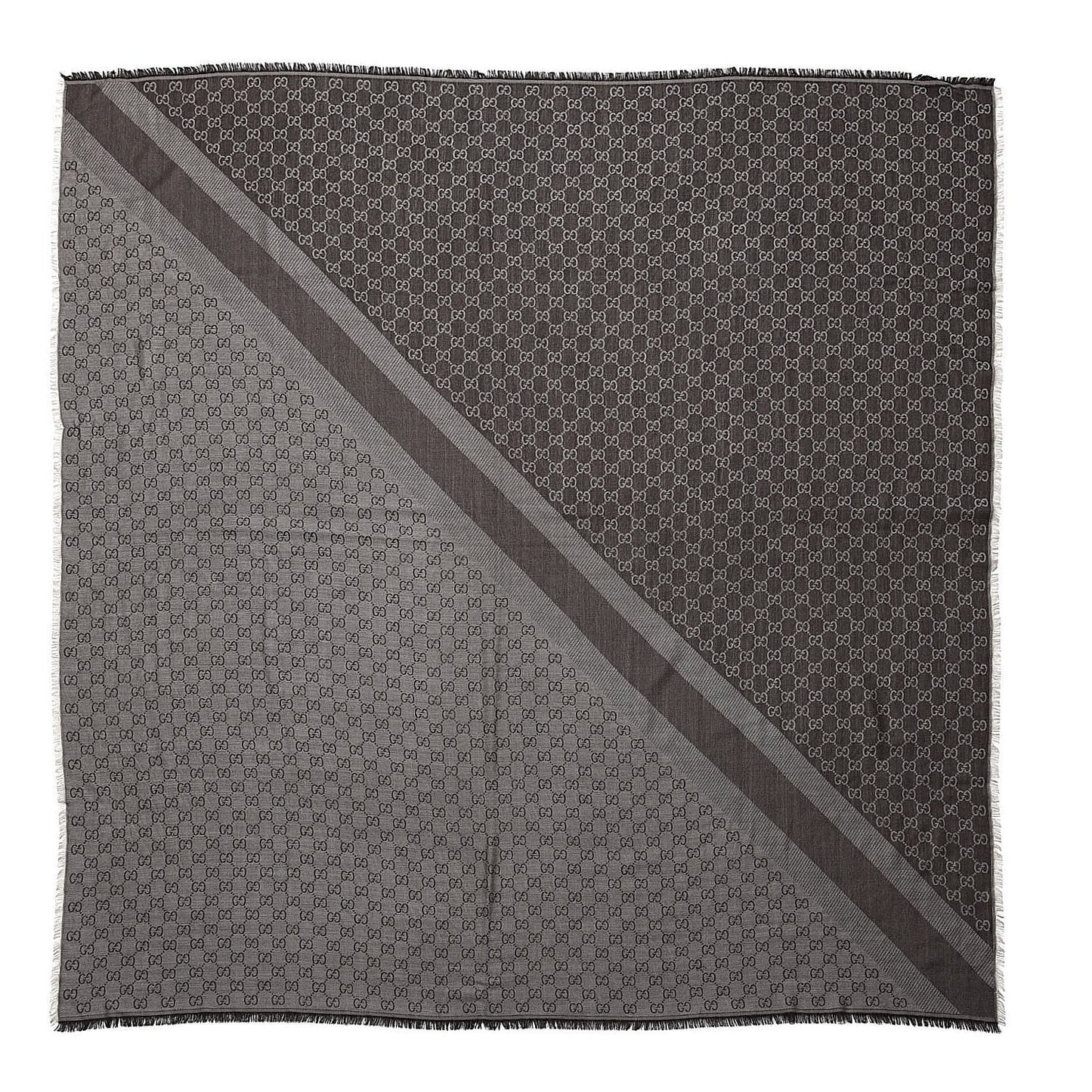 Wool Silk Monogram GGWeb Fringe Shawl Black Medium Grey