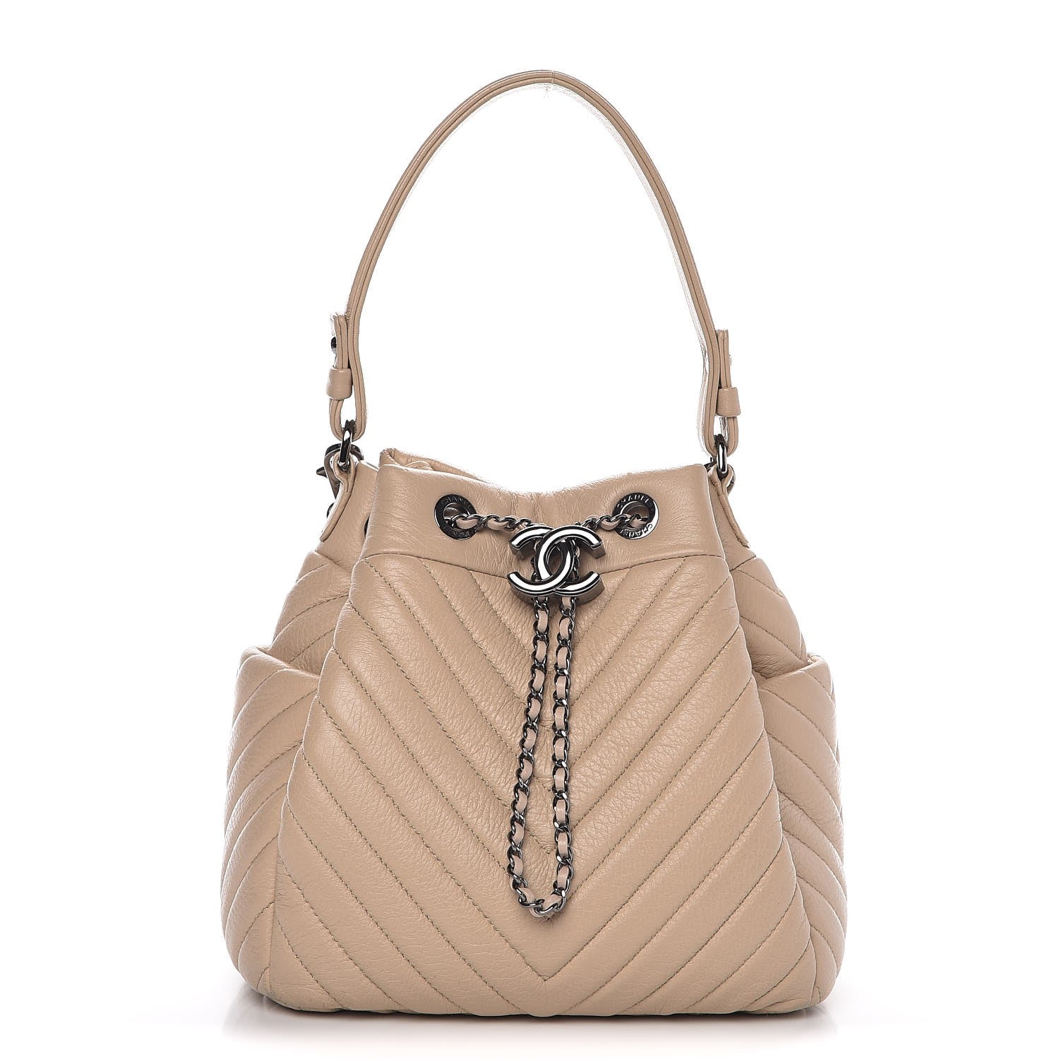 Chanel Deerskin Chevron Small CC Chain Bucket Bag Beige 1 of 9