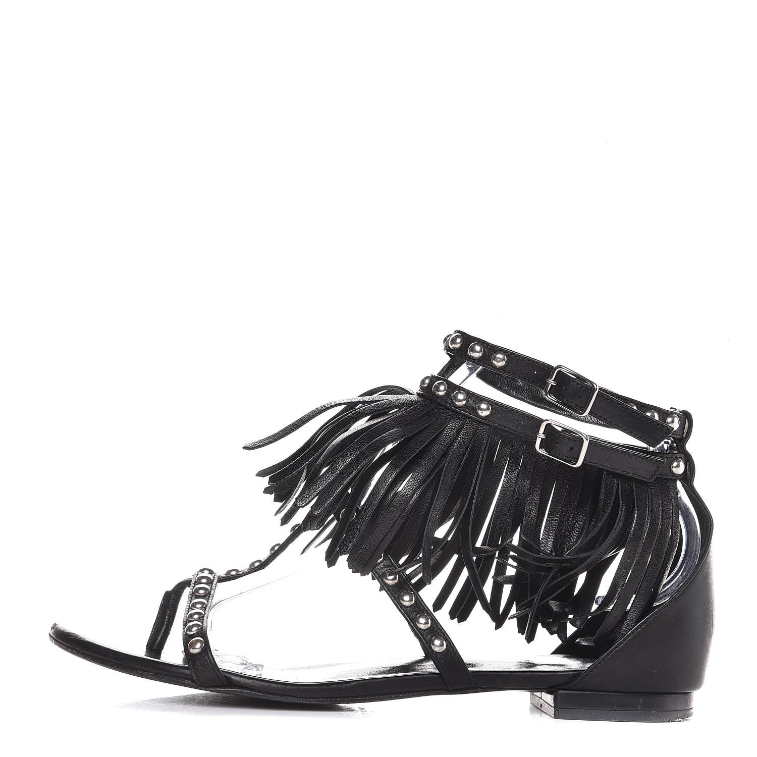Saint Laurent Calfskin Studded Fringe Cyuko Sandals 37.5 Black 1 of 8