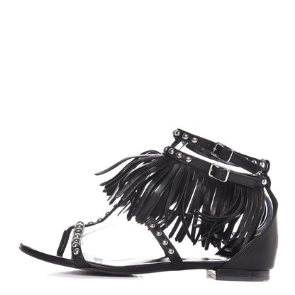 Saint Laurent Calfskin Studded Fringe Cyuko Sandals 37.5 Black 1 of 8