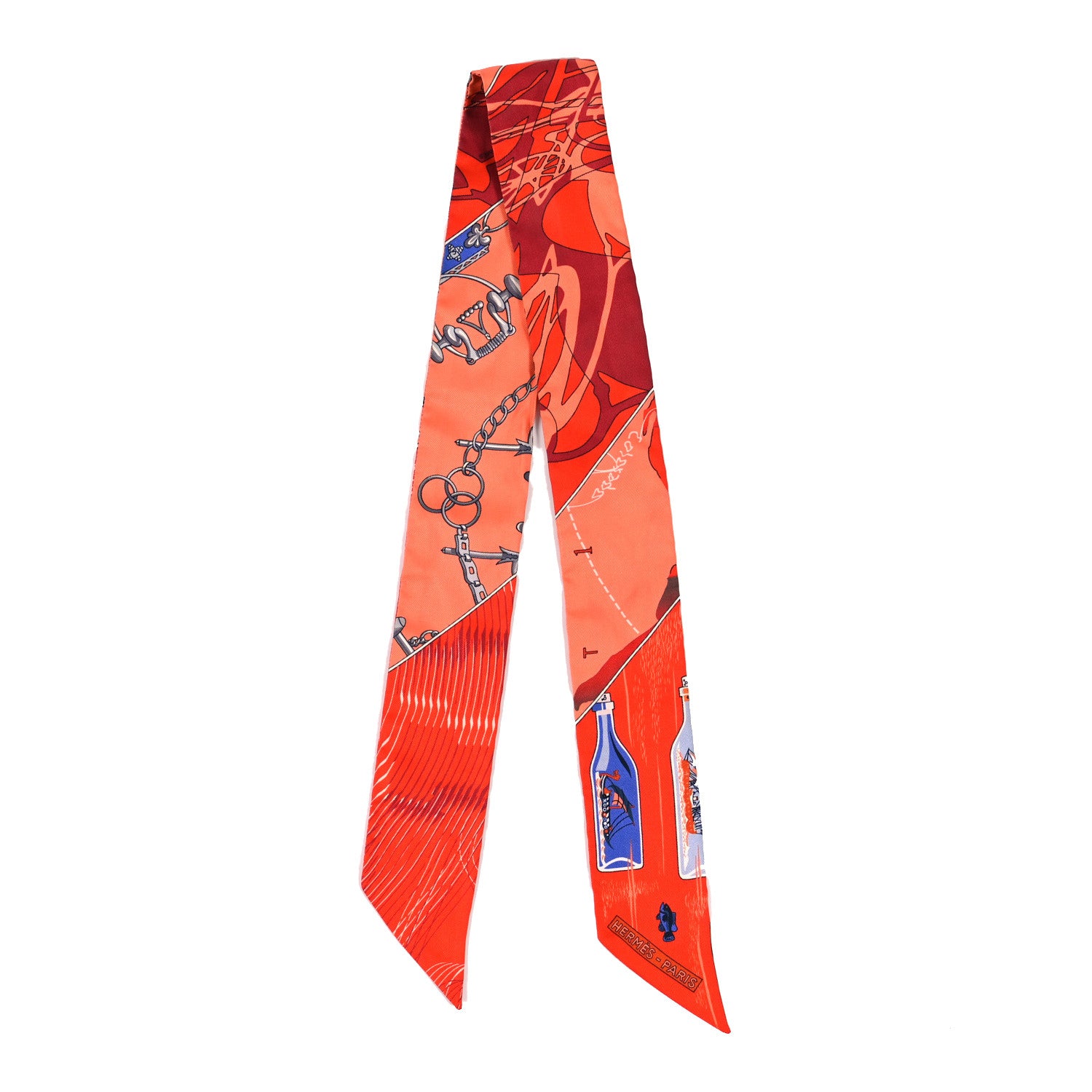 Hermes Silk Caleche Mors Et Bouteilles Twilly Vermilion Corail Bleu 2 of 3