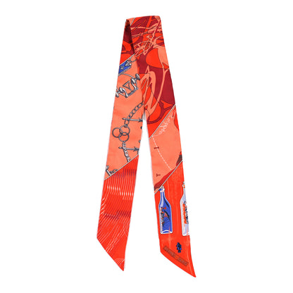 Hermes Silk Caleche Mors Et Bouteilles Twilly Vermilion Corail Bleu 2 of 3