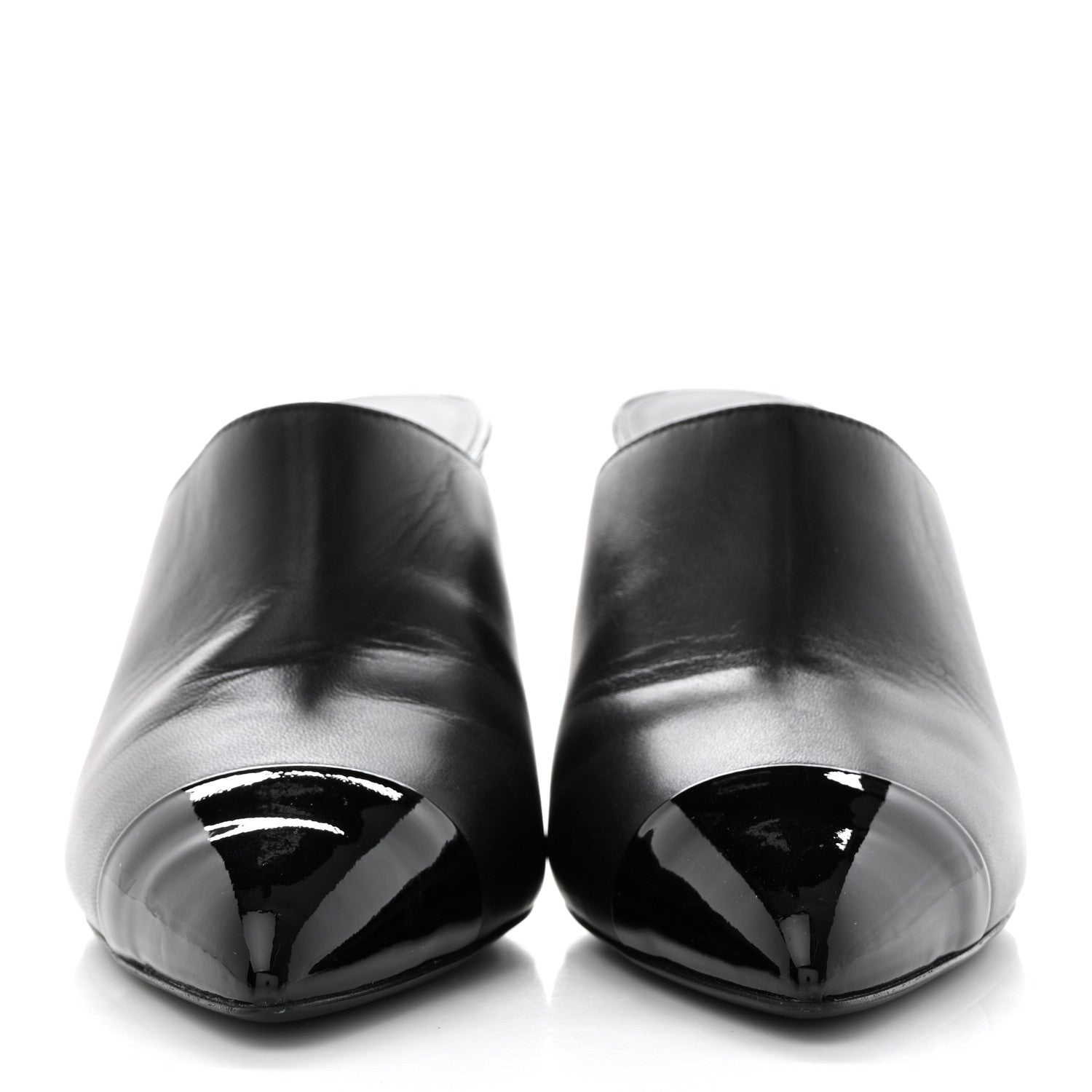 Chanel Lambskin Patent Cap Toe Pearl Mules 38.5 Black 2 of 8
