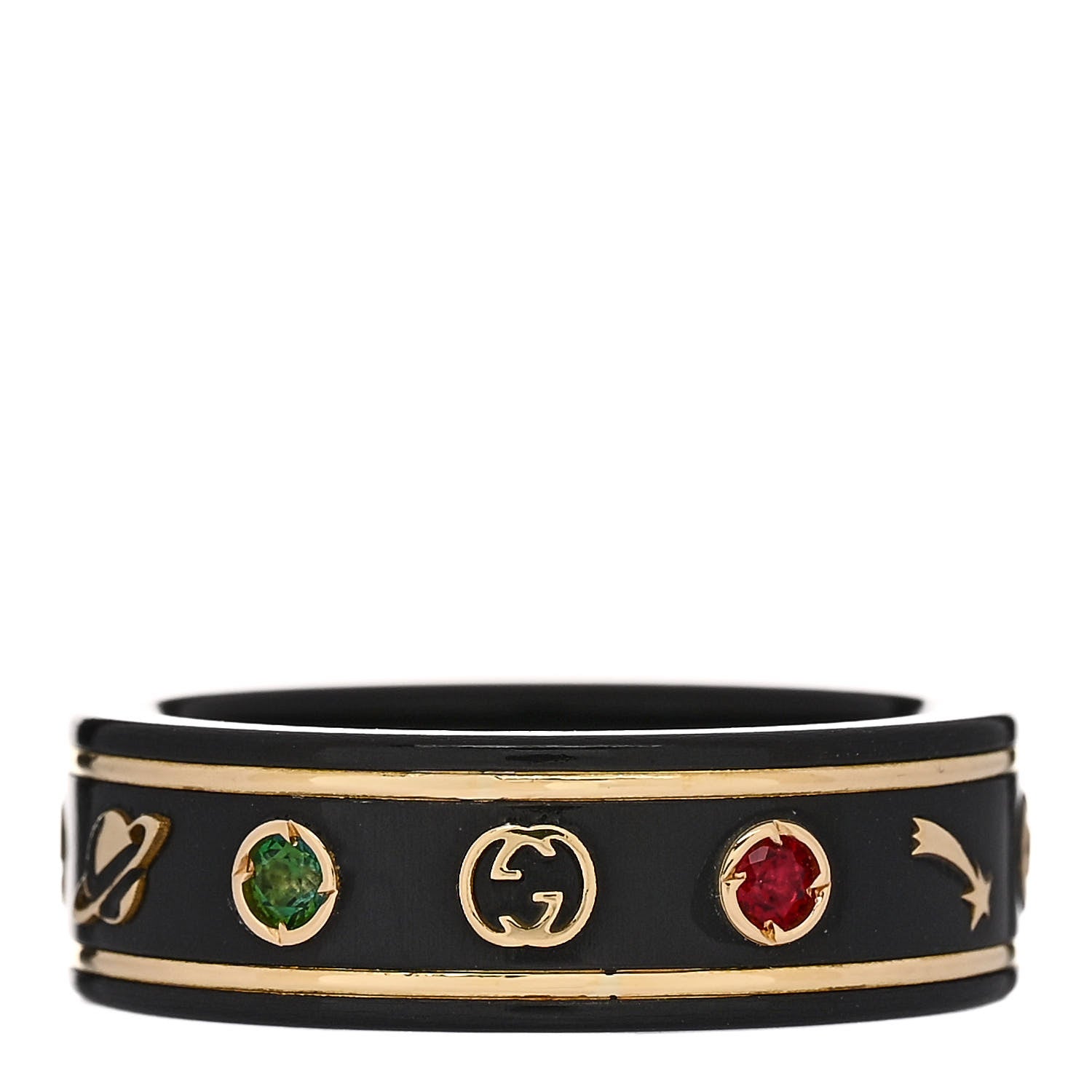 Gucci 18K Yellow Gold Ceramic Topaz Icon Band Ring 58 8.25 Black 1 of 7