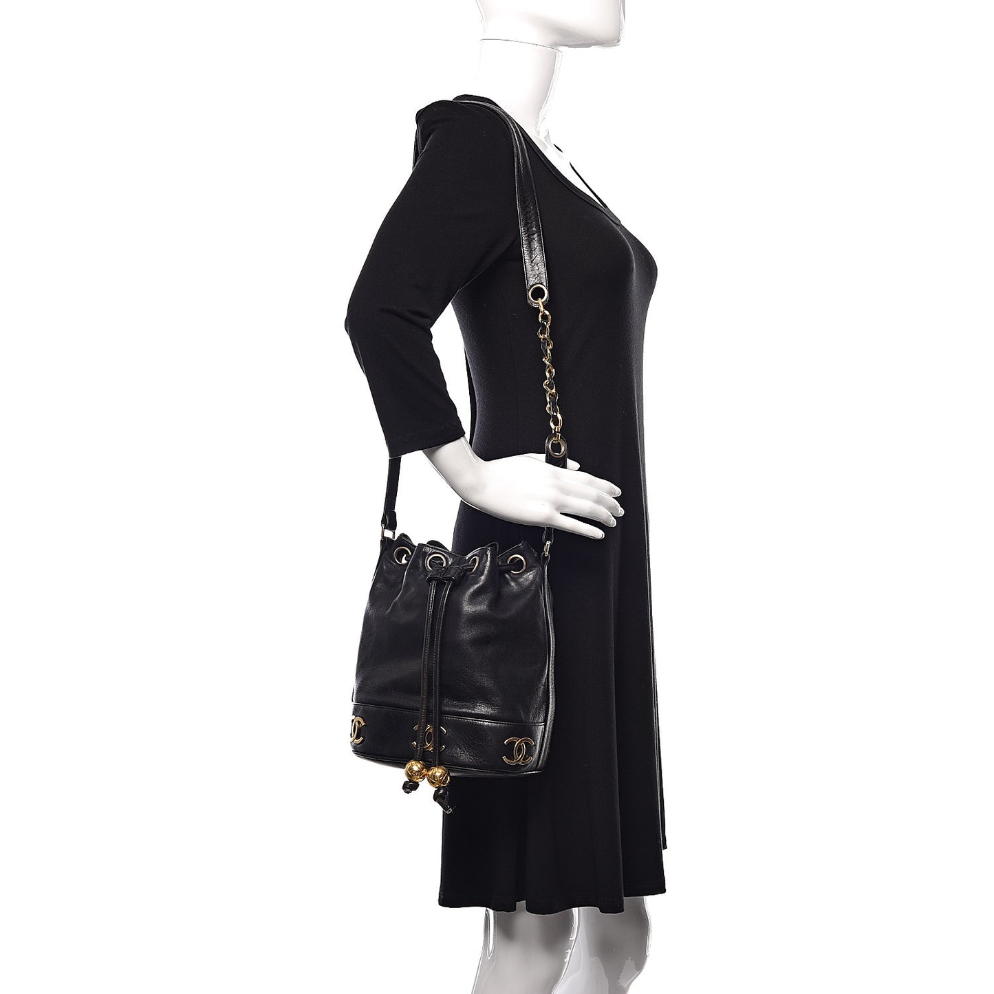 Lambskin CC Drawstring Shoulder Bag Black