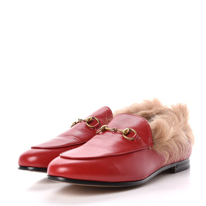Gucci Malaga Kid Fur Womens Jordaan Loafers 37.5 Hibiscus Red Natural 3 of 7