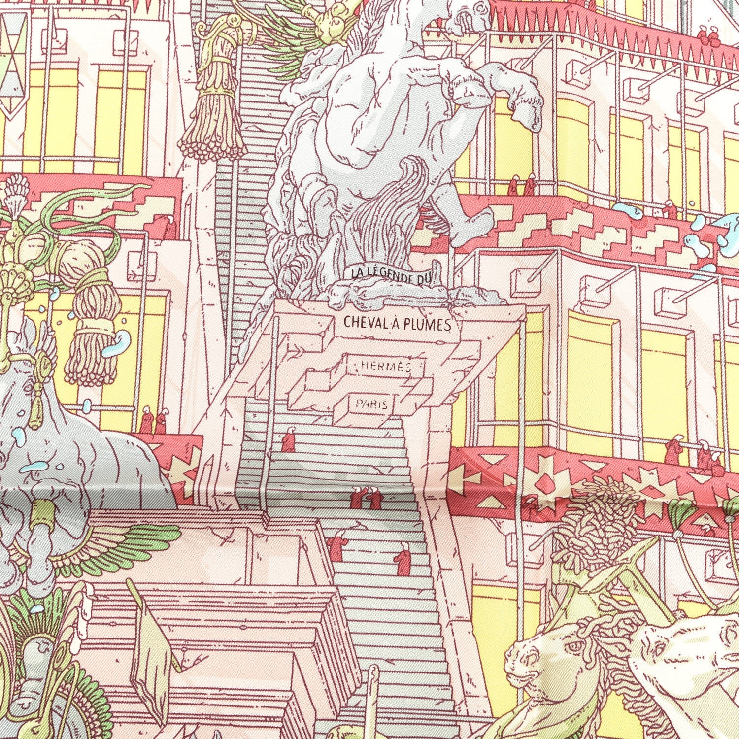 Hermes Silk La Legende Du Cheval A Plumes Scarf 90 Rose Pale Jaune Vif Turquoise 2 of 5