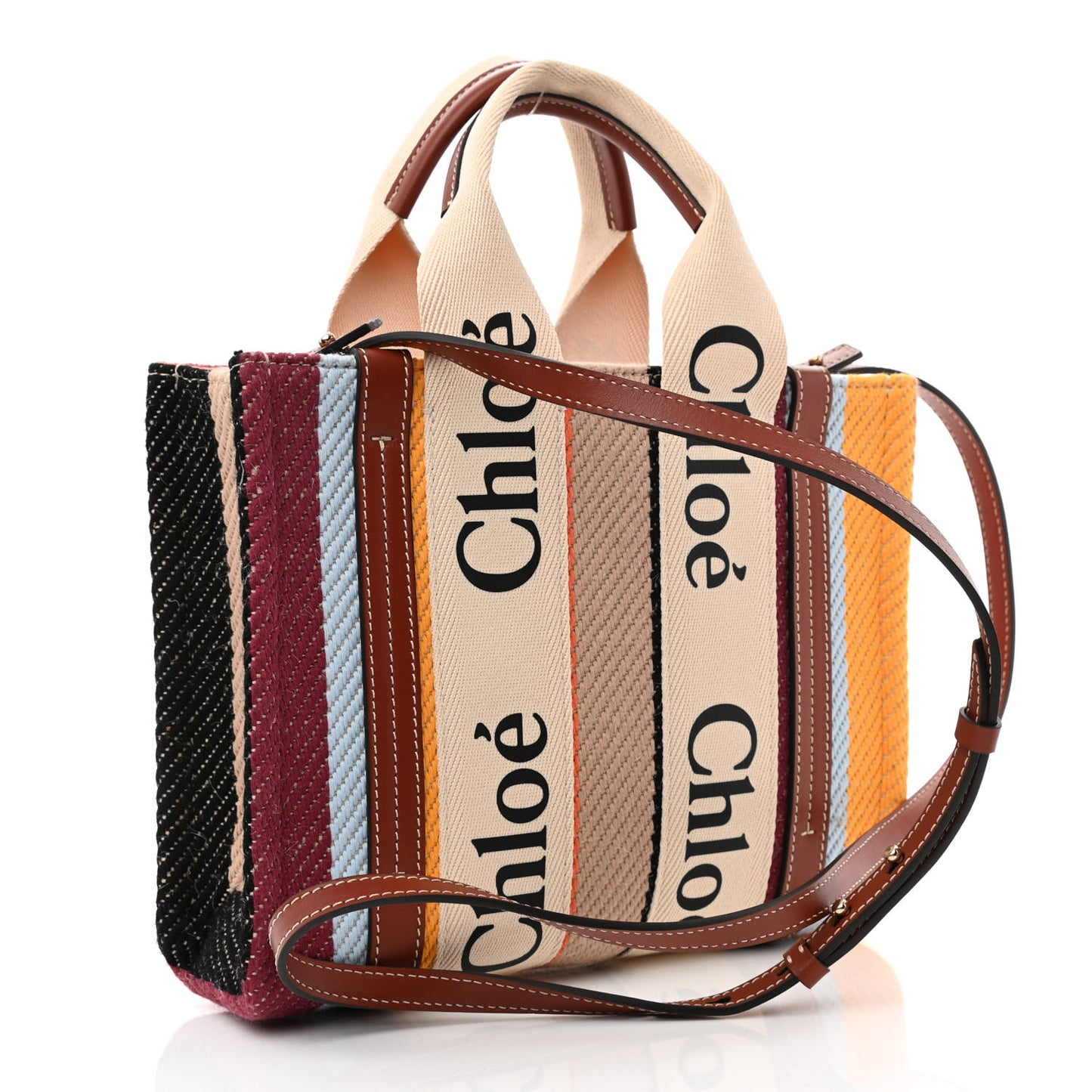 Cotton Calfskin Small Woody Striped Ribbon Tote Multicolor