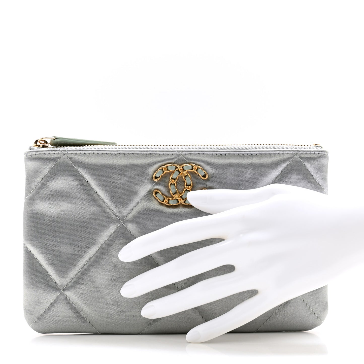 Satin Quilted Small Chanel 19 Pouch Gray