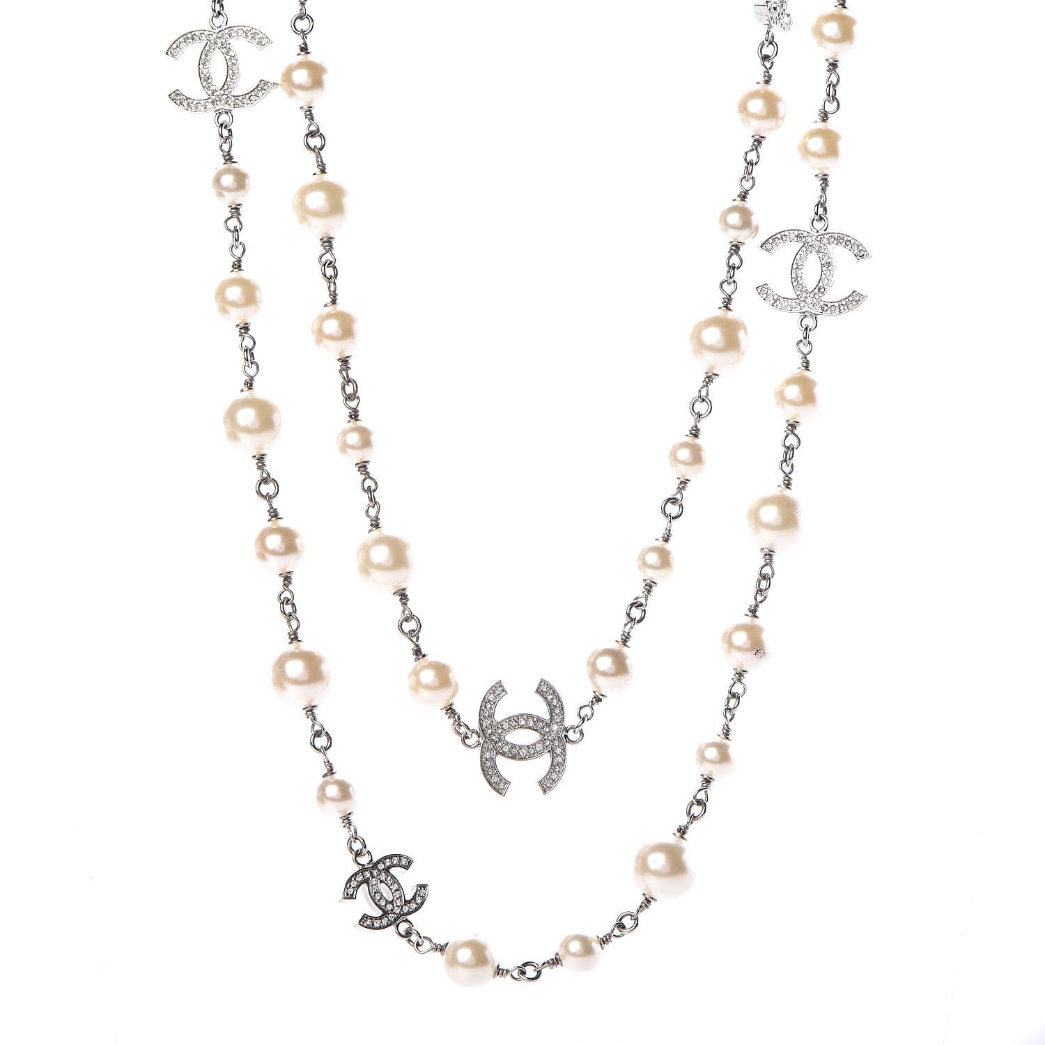 Chanel Crystal Pearl CC Long Necklace Silver 1 of 5
