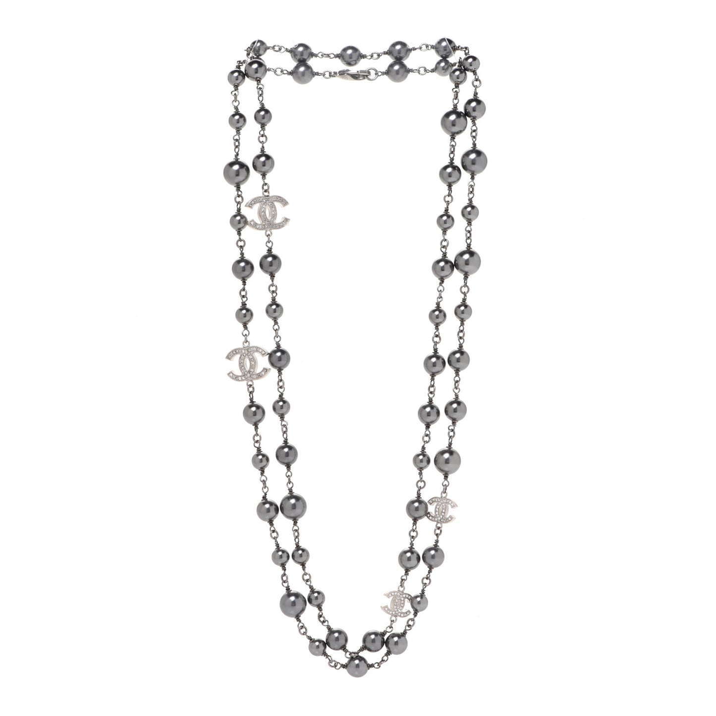 Crystal Pearl Beaded CC Long Necklace Ruthenium