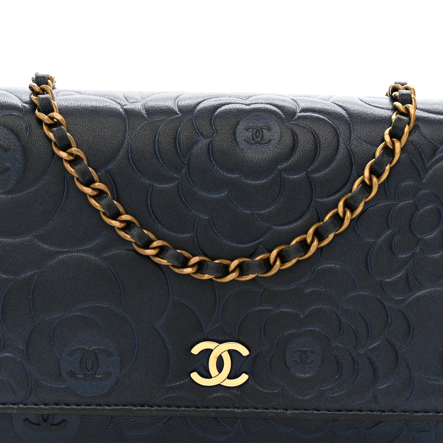 Chanel Metallic Lambskin Camellia Embossed Wallet on Chain WOC Navy 9 of 11
