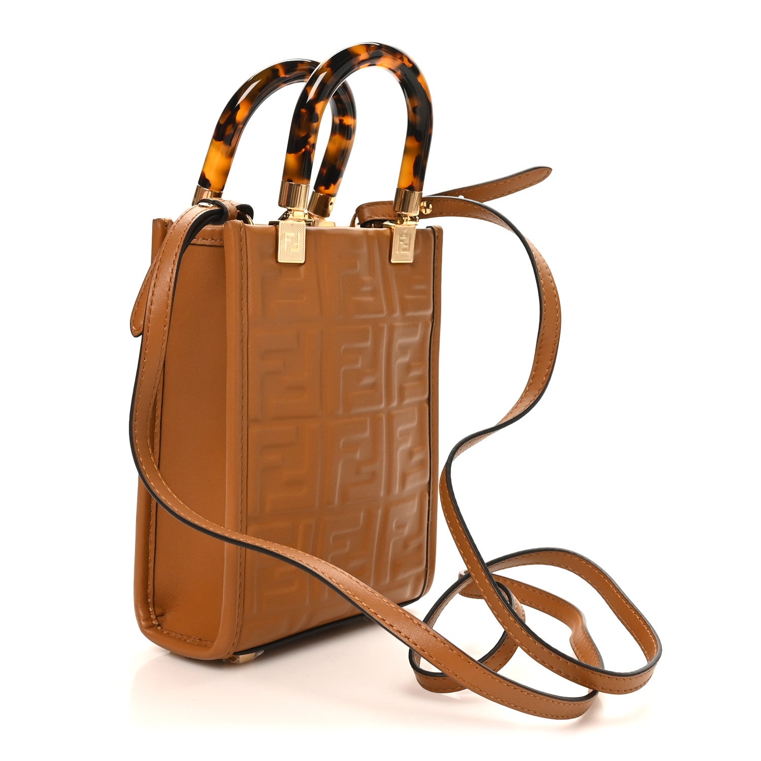 Fendi Vitello Plexiglass FF Embossed Mini Fendi Sunshine Shopper Tote Caramello 3 of 10