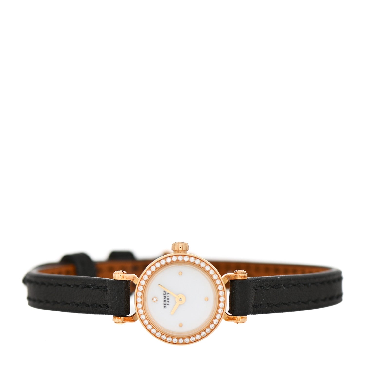 Hermes 18K Yellow Gold Barenia Diamond 16mm Faubourg Quartz Watch Noir 2 of 5