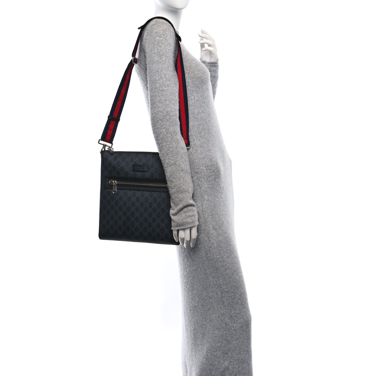 GG Supreme Monogram Appia Calfskin Web Flat Messenger Bag Black Grey