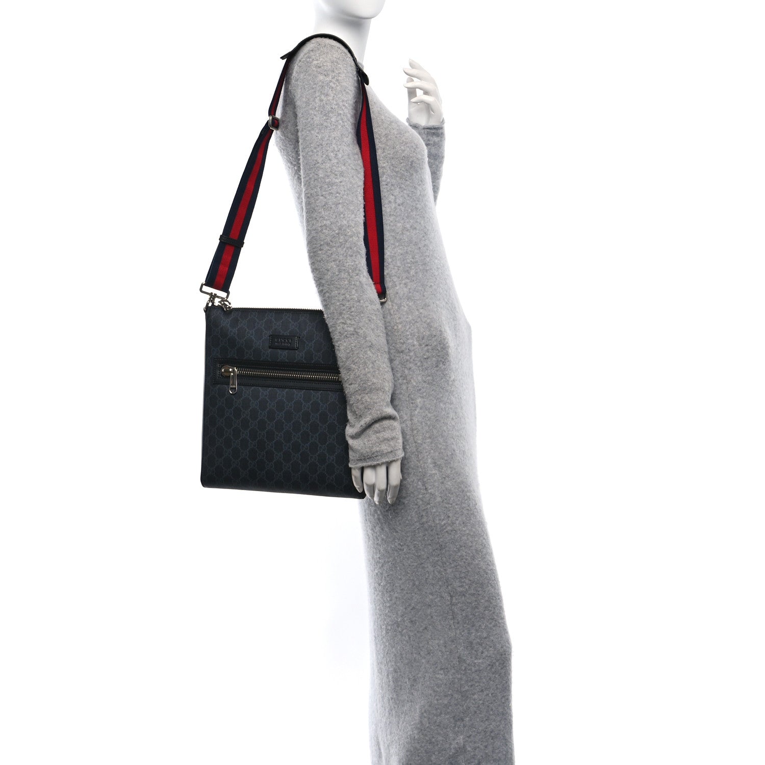 Gucci GG Supreme Monogram Appia Calfskin Web Flat Messenger Bag Black Grey 2 of 10