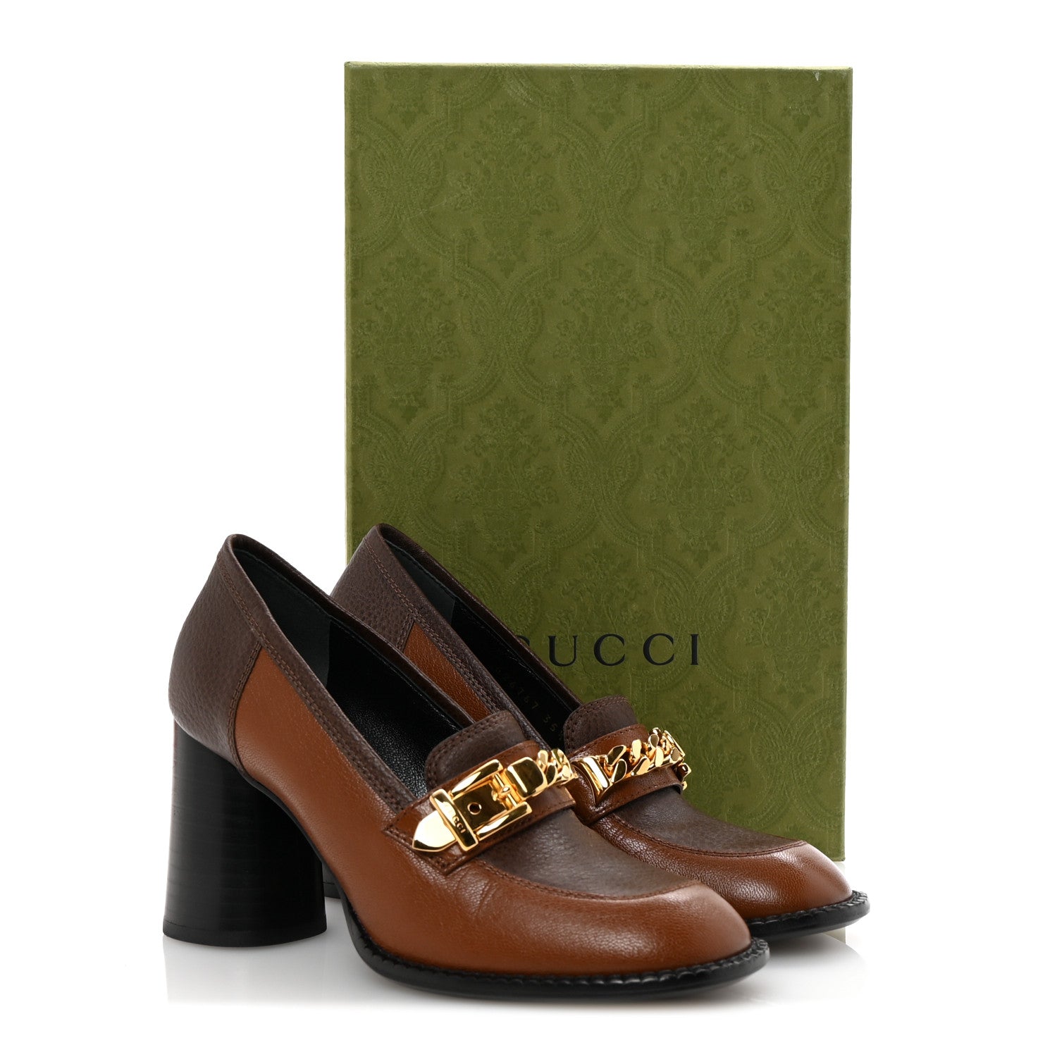 Gucci Goatskin Pebbled Calfskin Sylvie Chain Mid Heel Loafers 35.5 Brown 10 of 10