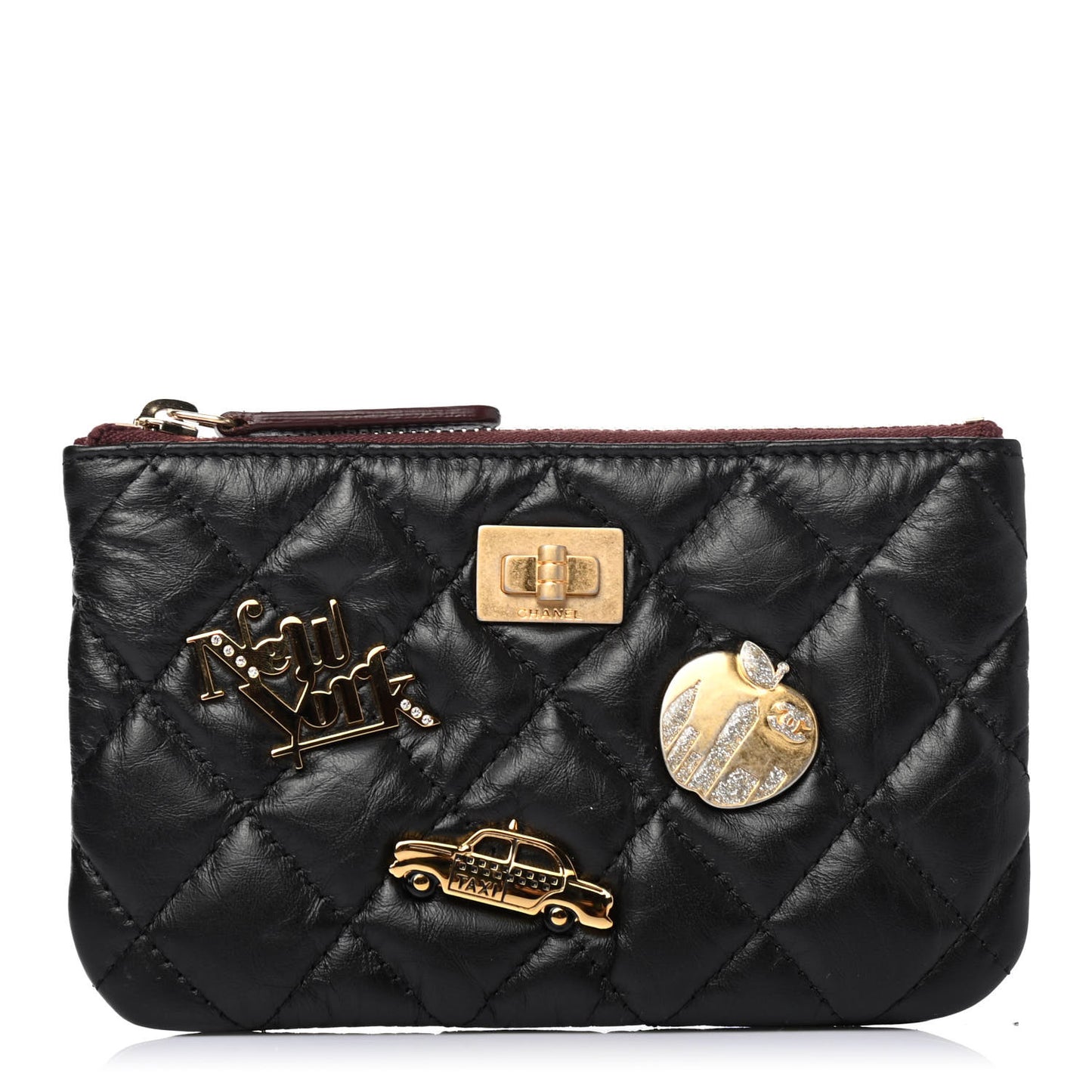 Aged Calfskin Quilted Small Lucky Charms Cosmetic Case Black
