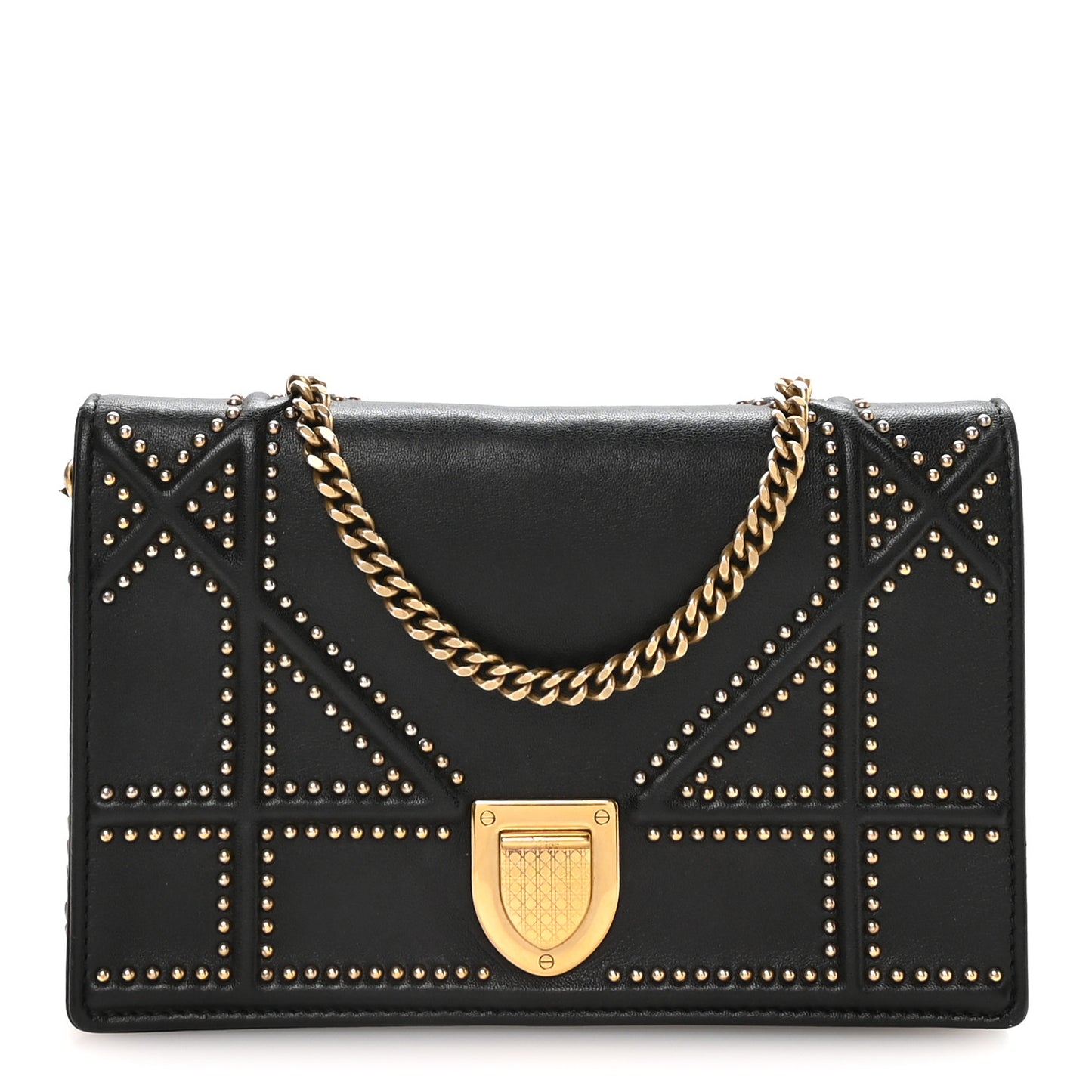 Calfskin Studded Diorama Wallet on Chain Pouch Black