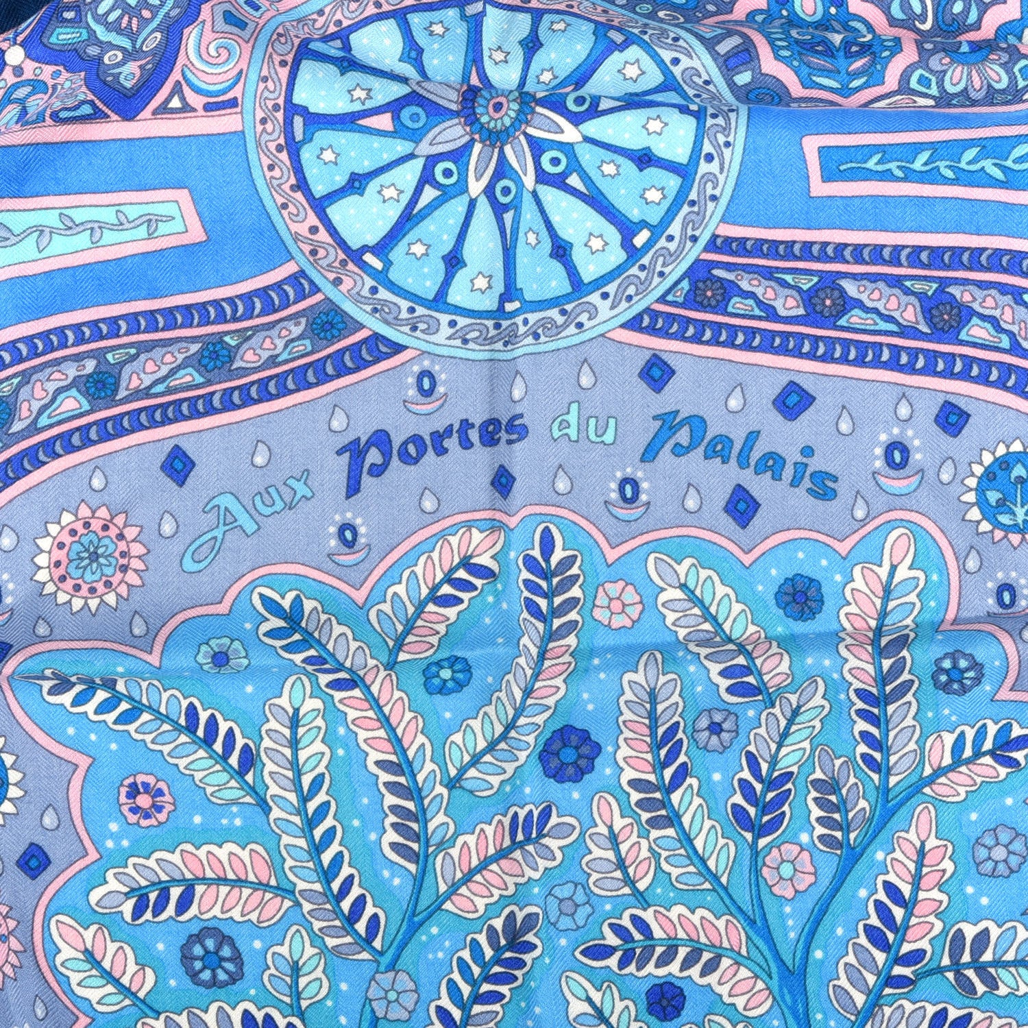 Hermes Cashmere Silk Aux Portes Du Palais Shawl 140 Bleu Turquoise Rose Pale 3 of 4