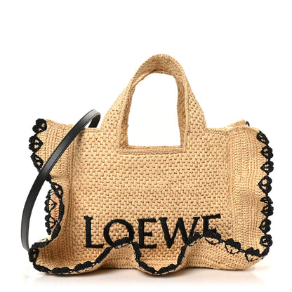 Loewe Calfskin Raffia Paulas Ibiza Small Balloon Ruffles Tote Bag  Natural Black 1 of 8