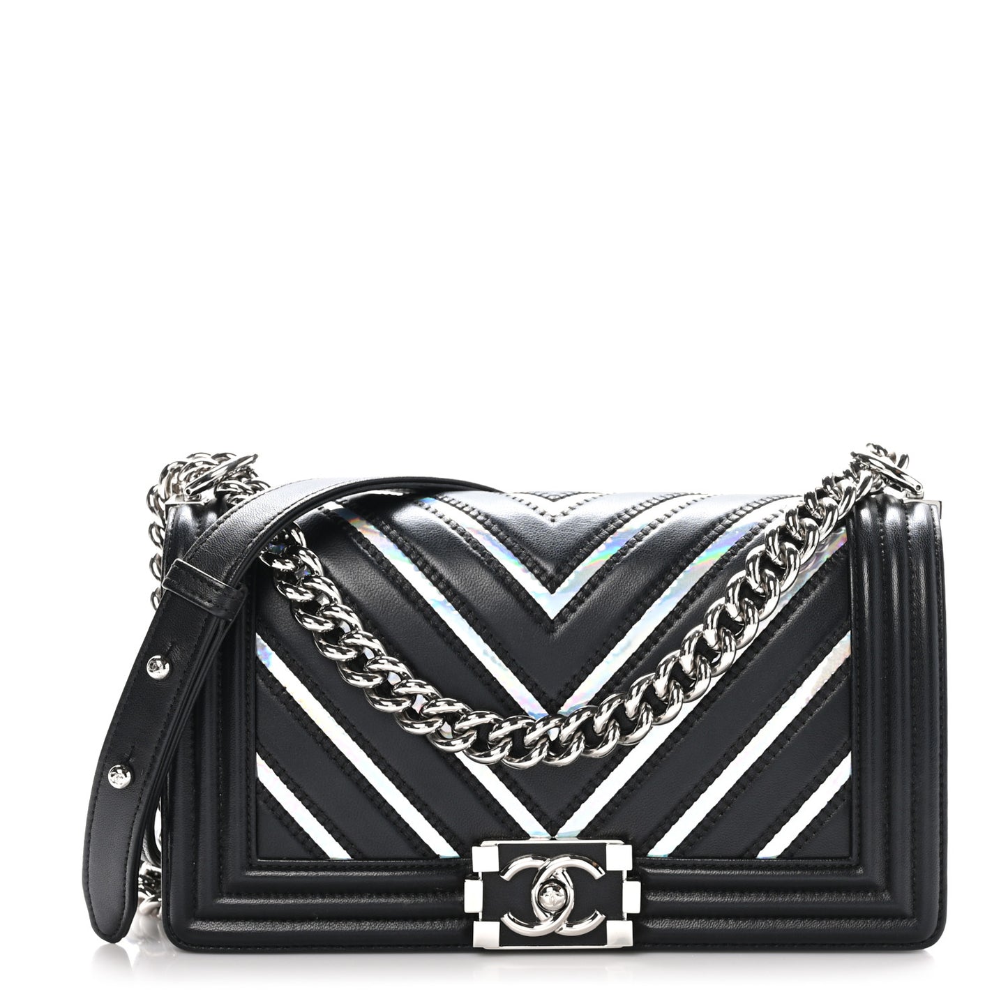 Lambskin Iridescent PVC Chevron Quilted Medium Boy Flap Black Silver
