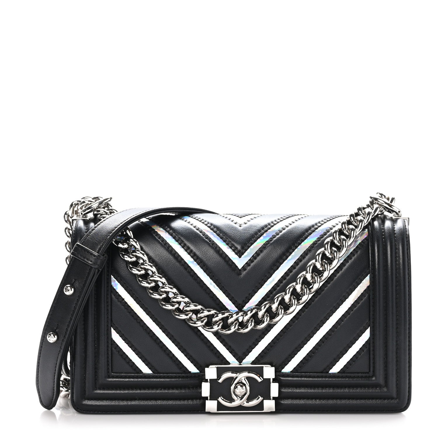 Chanel Lambskin Iridescent PVC Chevron Quilted Medium Boy Flap Black Silver 1 of 11