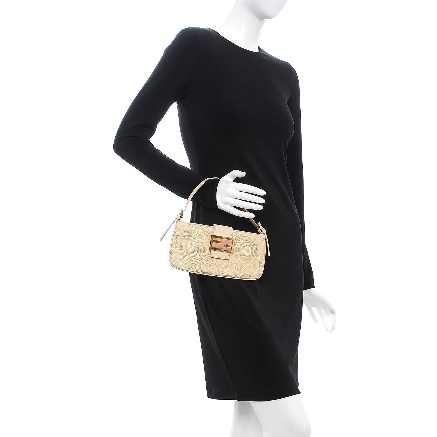 Fendi Metallic Calfskin Printed Mini Baguette Gold 2 of 8