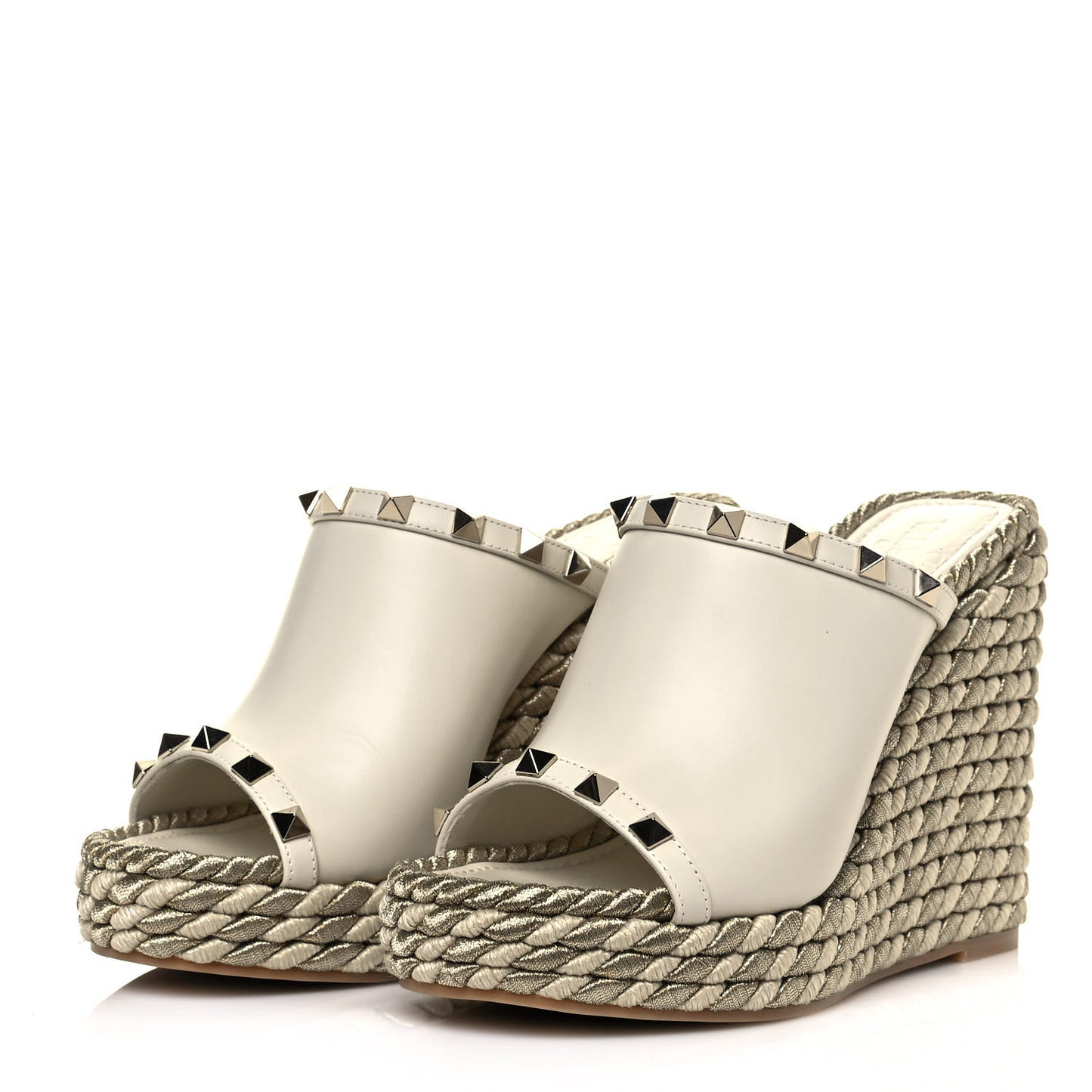 Calfskin Silk Rockstud Torchon Espadrille Wedge 25/115mm Slide Sandals 35 Light Ivory