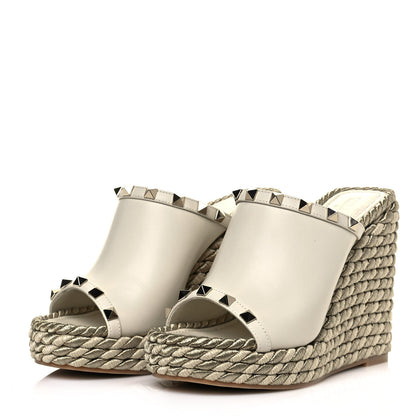 Valentino Garavani Calfskin Silk Rockstud Torchon Espadrille Wedge 25/115mm Slide Sandals 35 Light Ivory 3 of 11