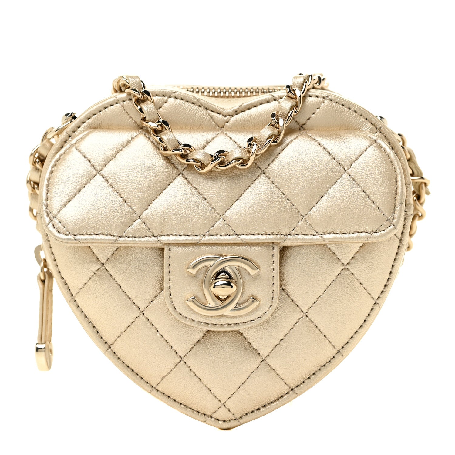 Chanel Metallic Lambskin Quilted CC In Love Heart Clutch With Chain Gold 1 of 12