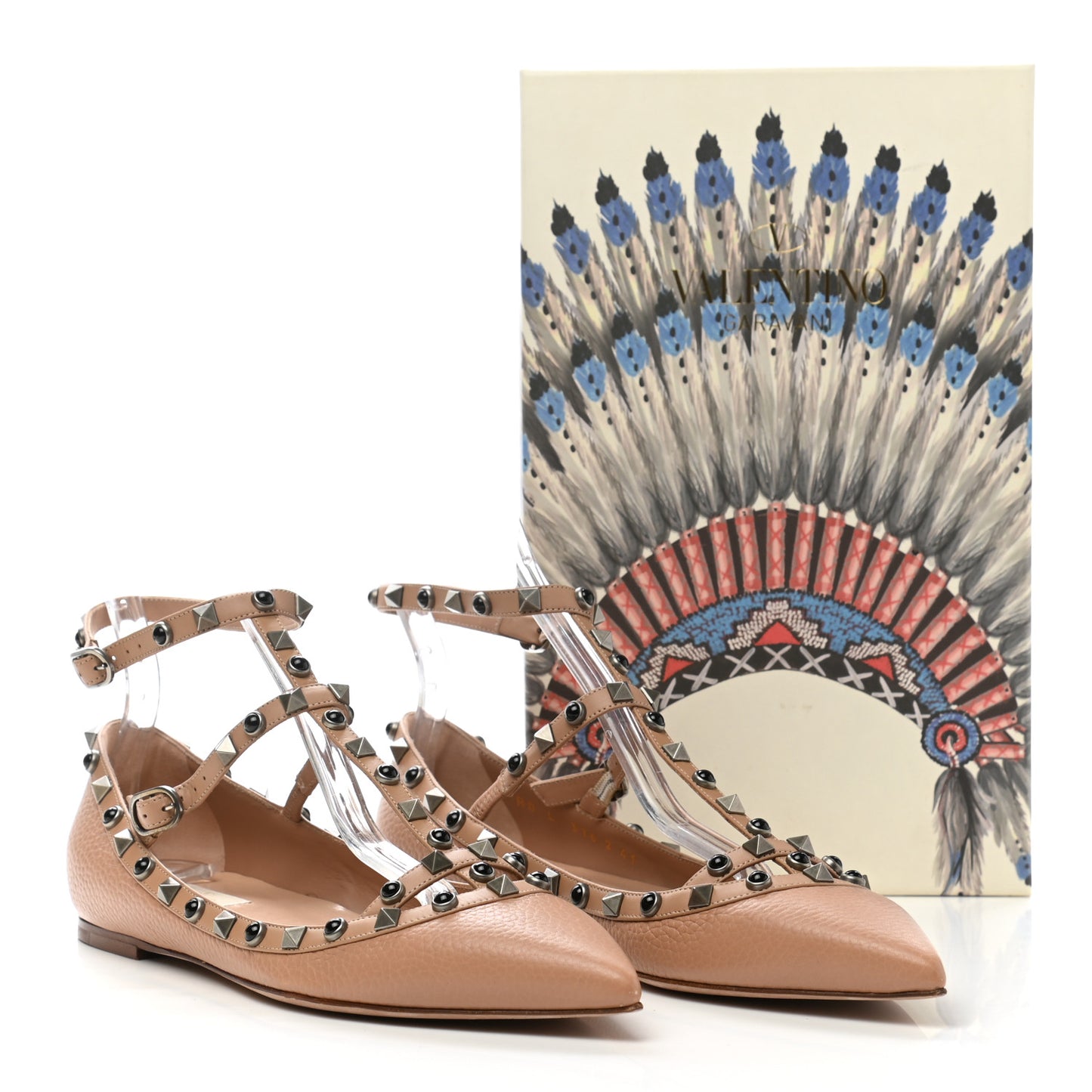 Pebbled Calfskin Onyx Rockstud Rolling Cage Ballerina Flats 41 Soft Noisette