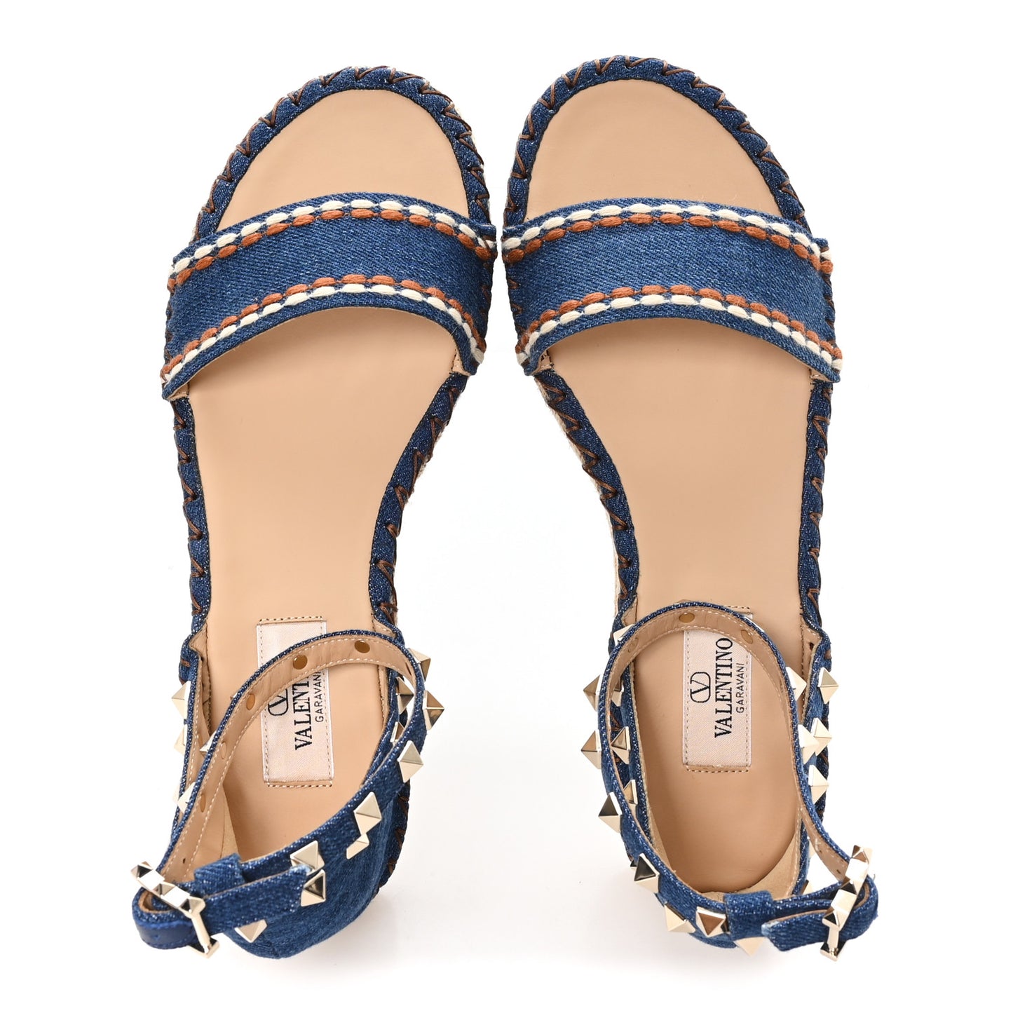 Denim Rockstud Ankle Strap Espadrille 55mm Wedge Sandals 38 Light Denim