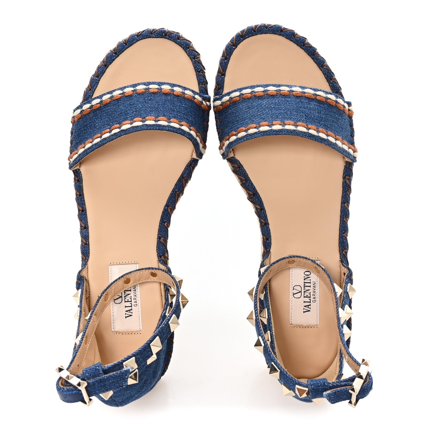 Valentino Garavani Denim Rockstud Ankle Strap Espadrille 55mm Wedge Sandals 38 Light Denim 2 of 9