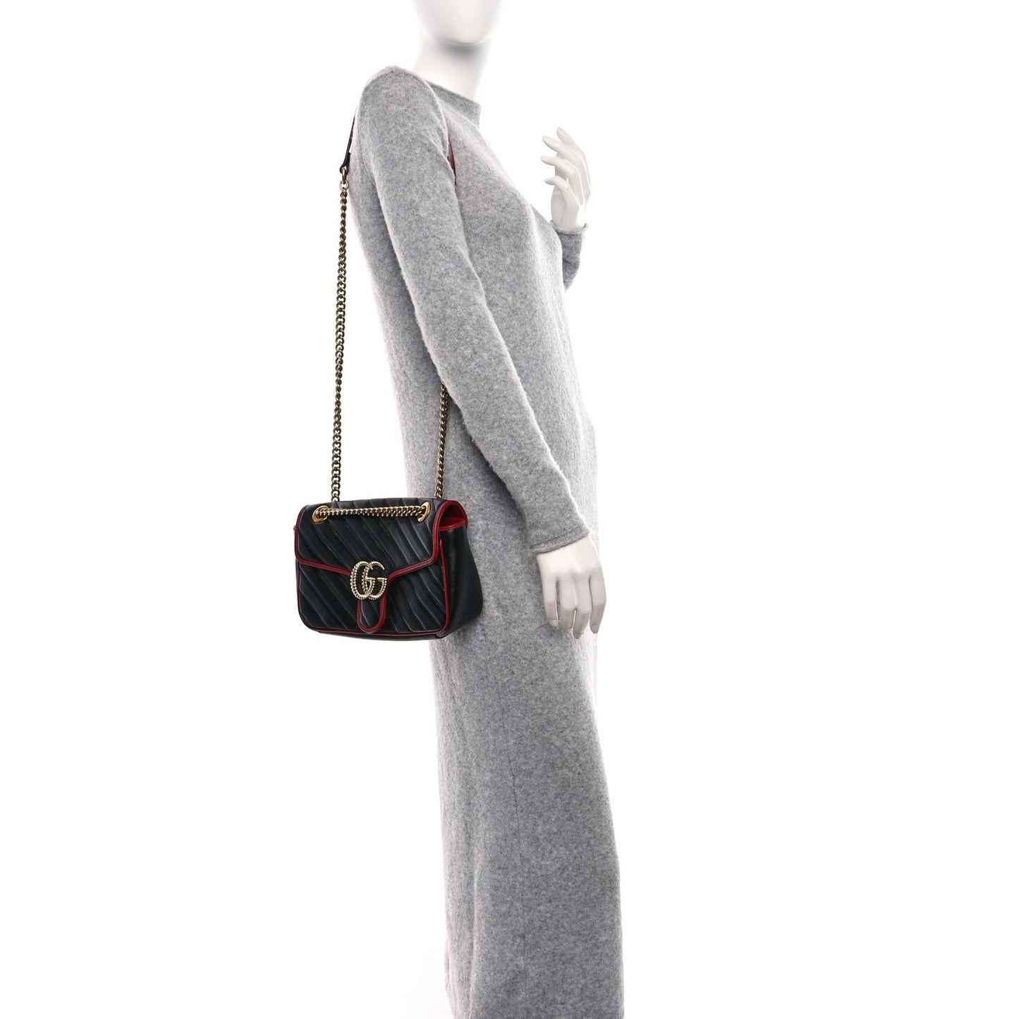 Vintage Effect Calfskin Matelasse Diagonal Small Torchon GG Marmont Shoulder Bag Black Romantic Cherry
