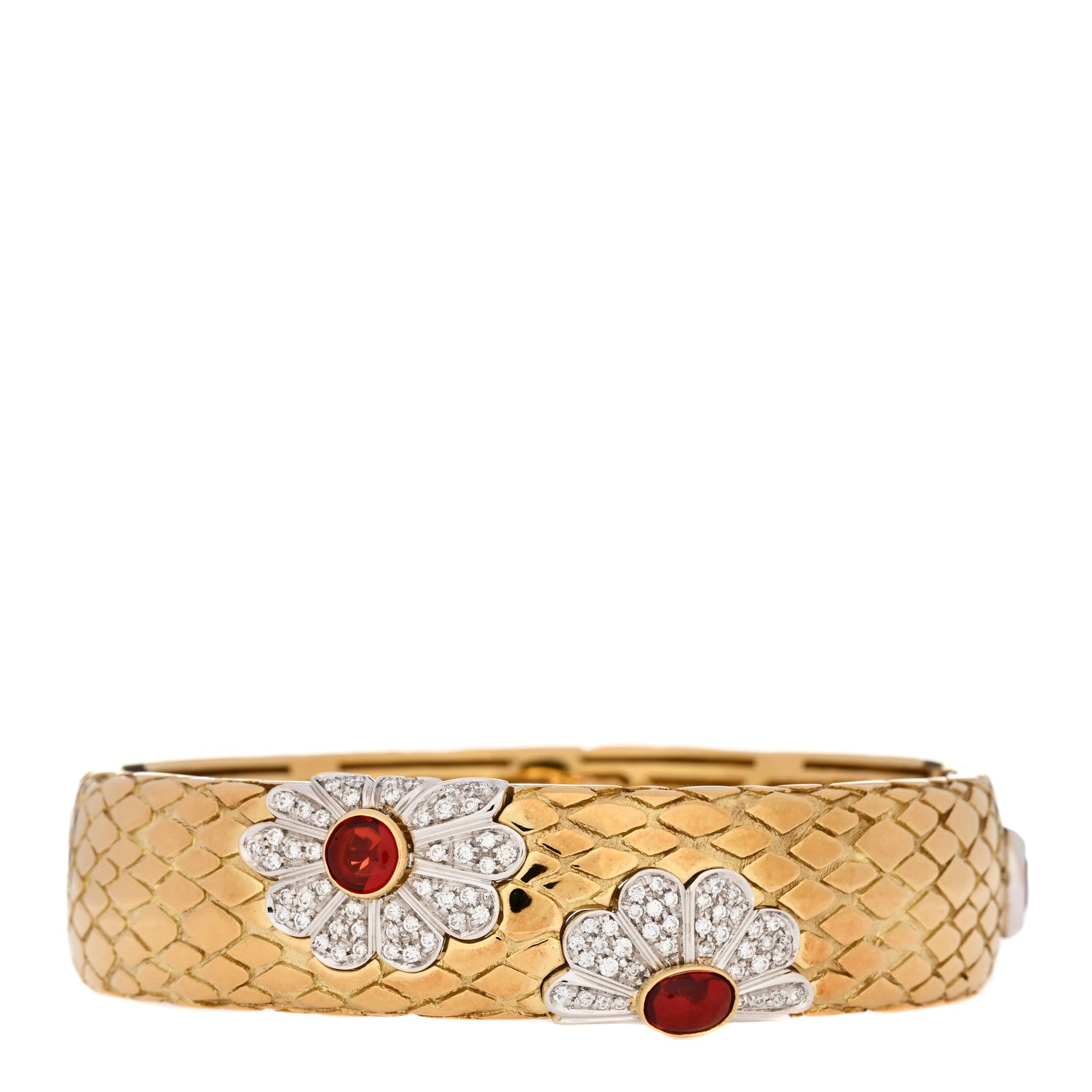 Roberto Coin 18K Yellow White Gold Diamond Fire Opal 2 Flower Bangle Bracelet 1 of 4