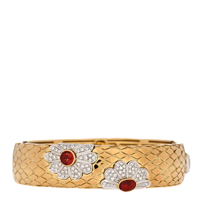 Roberto Coin 18K Yellow White Gold Diamond Fire Opal 2 Flower Bangle Bracelet 1 of 4