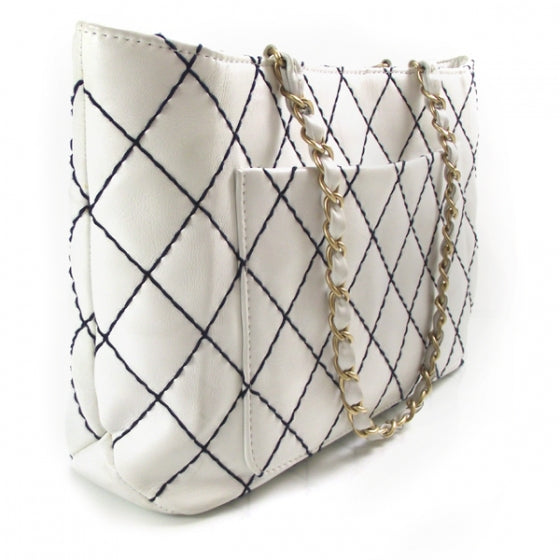 Lambskin Contrast Stitch Tote White