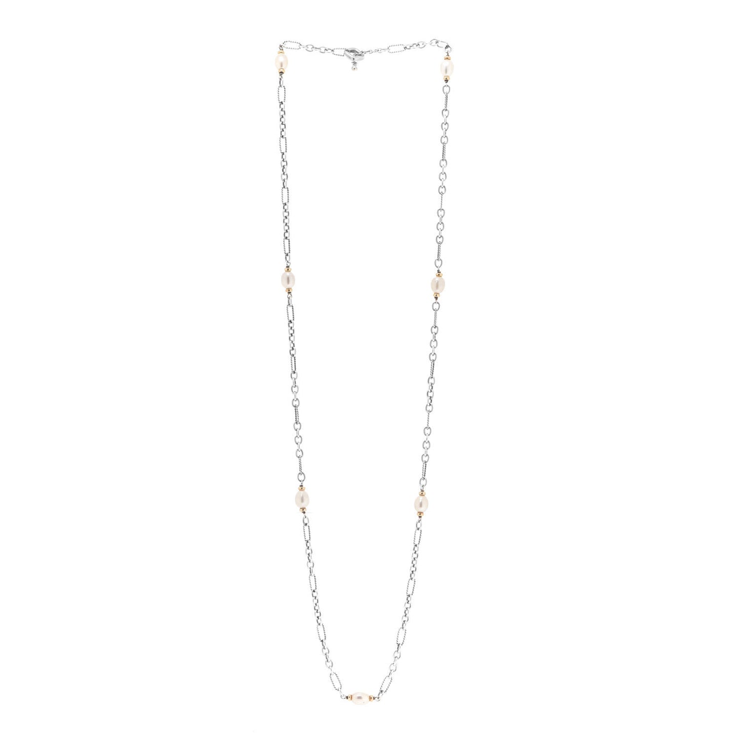 Sterling Silver 18K Yellow Gold Baroque Pearl Long Figaro Chain Necklace