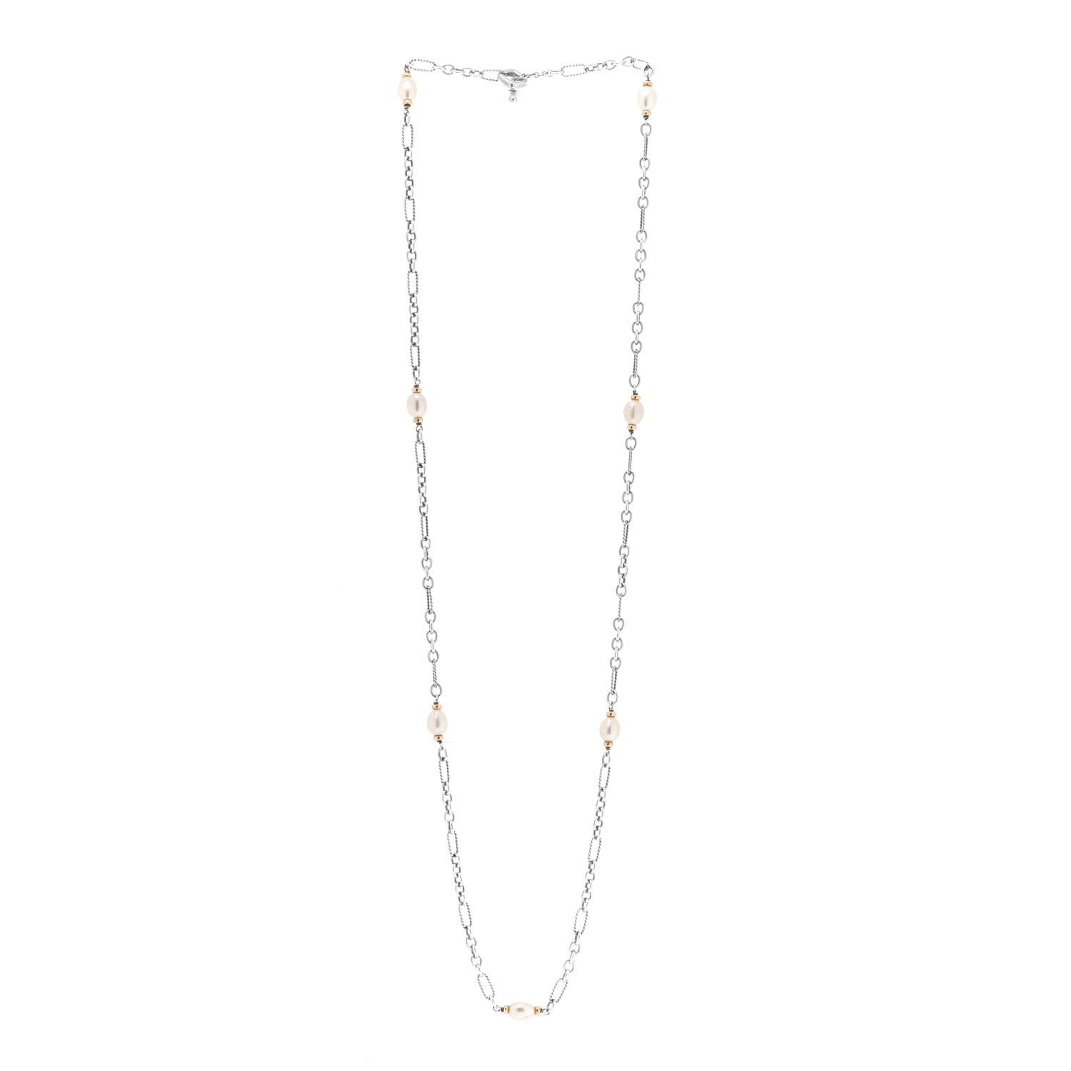 David Yurman Sterling Silver 18K Yellow Gold Baroque Pearl Long Figaro Chain Necklace 3 of 4