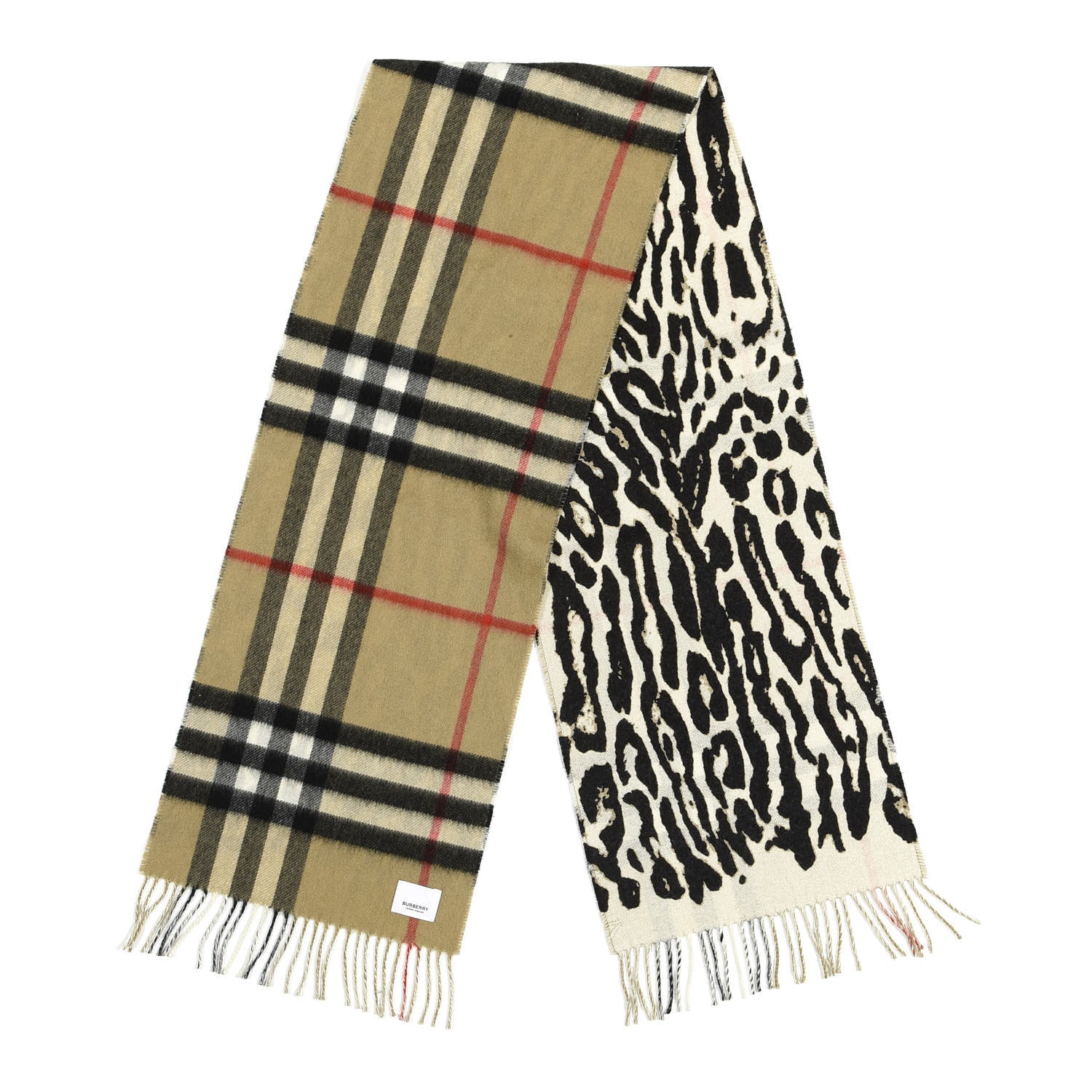 Burberry Cashmere Giant Check Leopard Print Reversible Fringe Scarf Camel Black 2 of 3