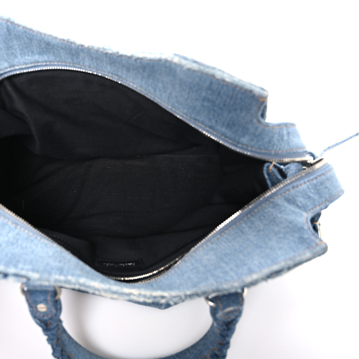 Balenciaga Washed Frayed Denim Crystal Neo Cagole City Handbag Blue 5 of 11