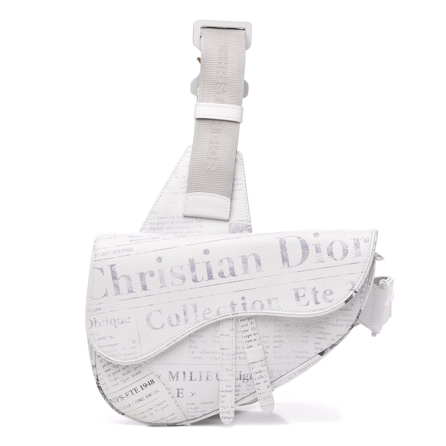 X DANIEL ARSHAM Grained Calfskin Newspaper Print Saddle Bag White