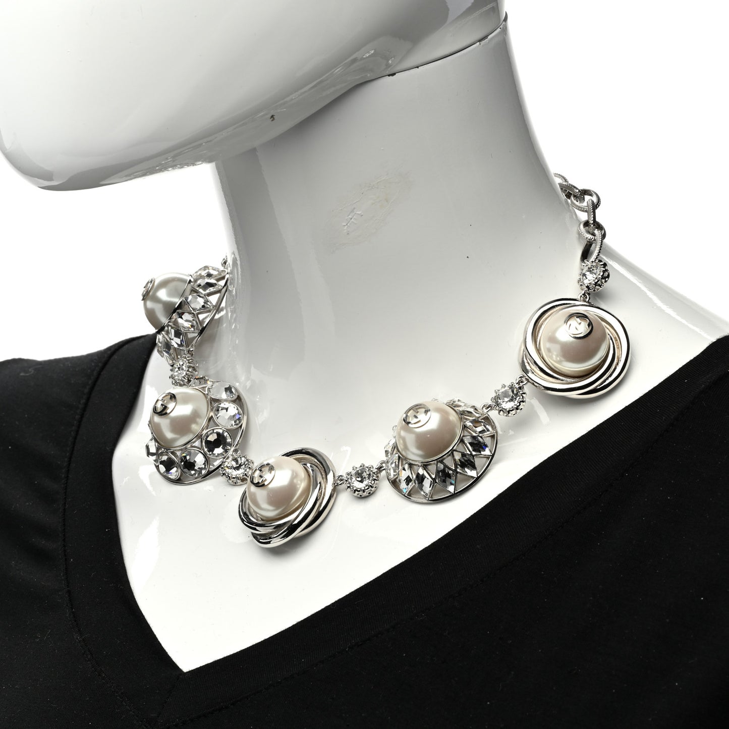 Pearl Strass Resin Embellished Double G Necklace Silver