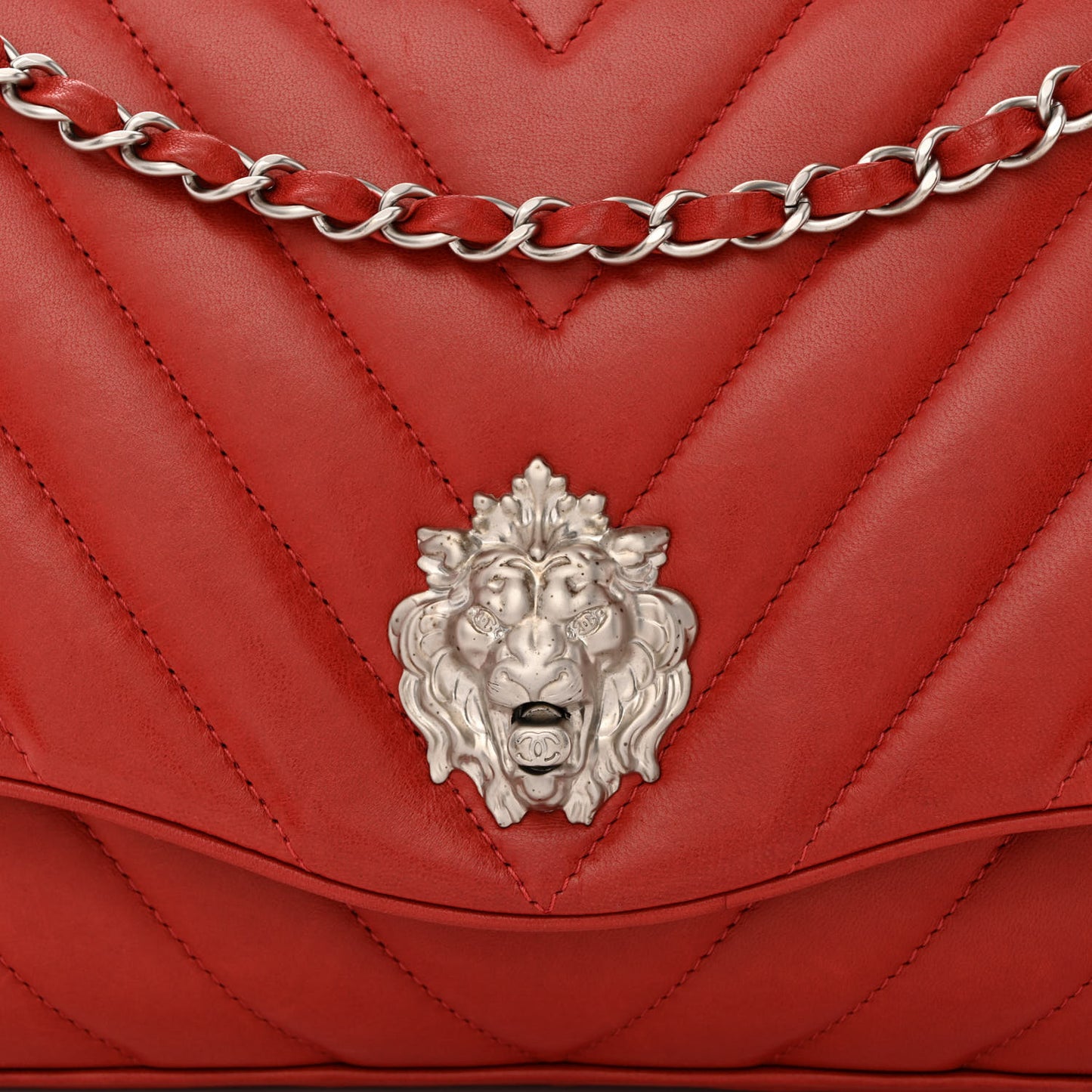 Lambskin Chevron Jumbo Leo Lion Flap Dark Red